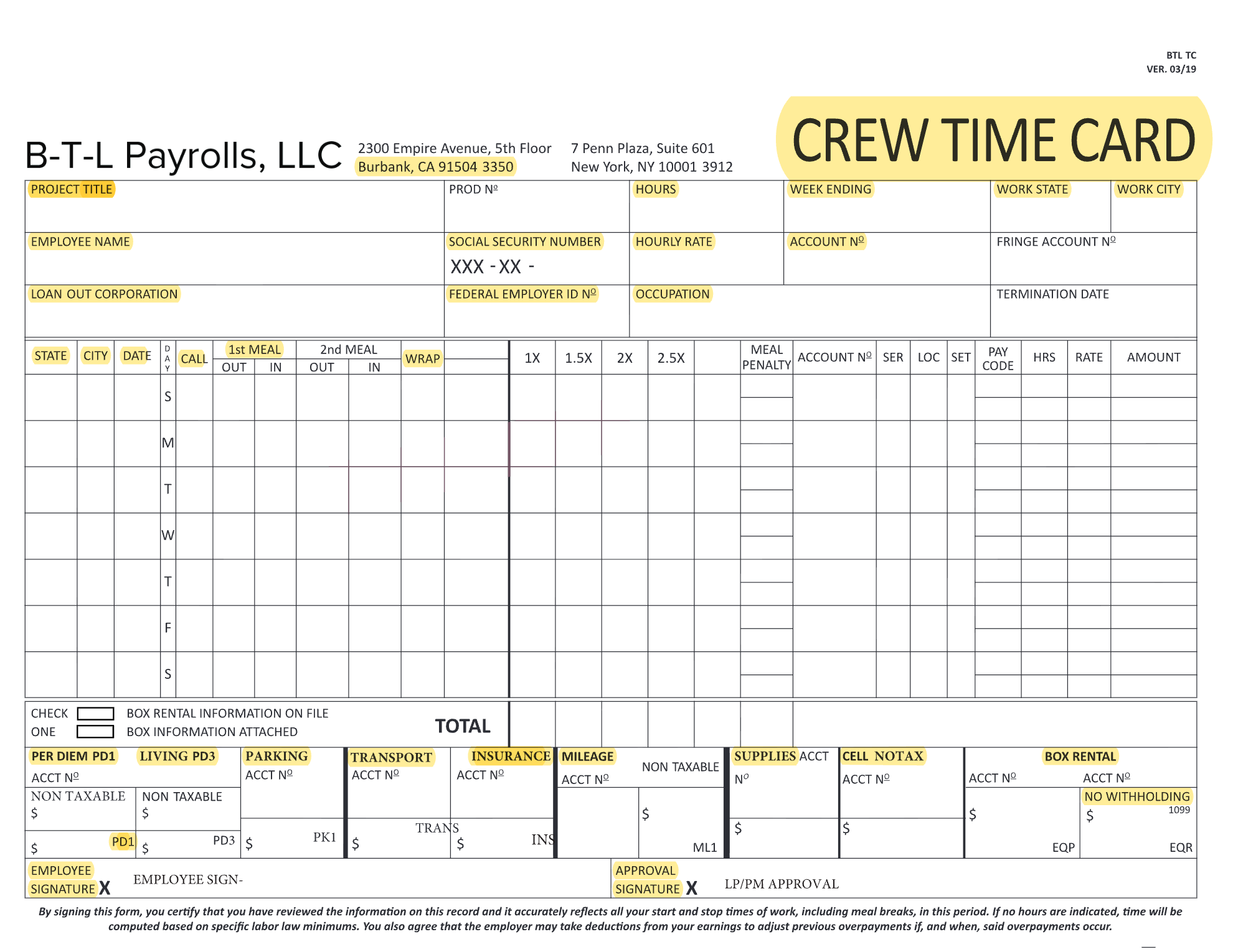 A filled-out crew time card