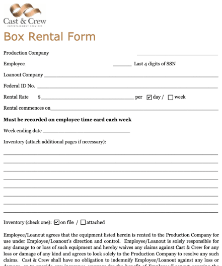 A blank box rental form
